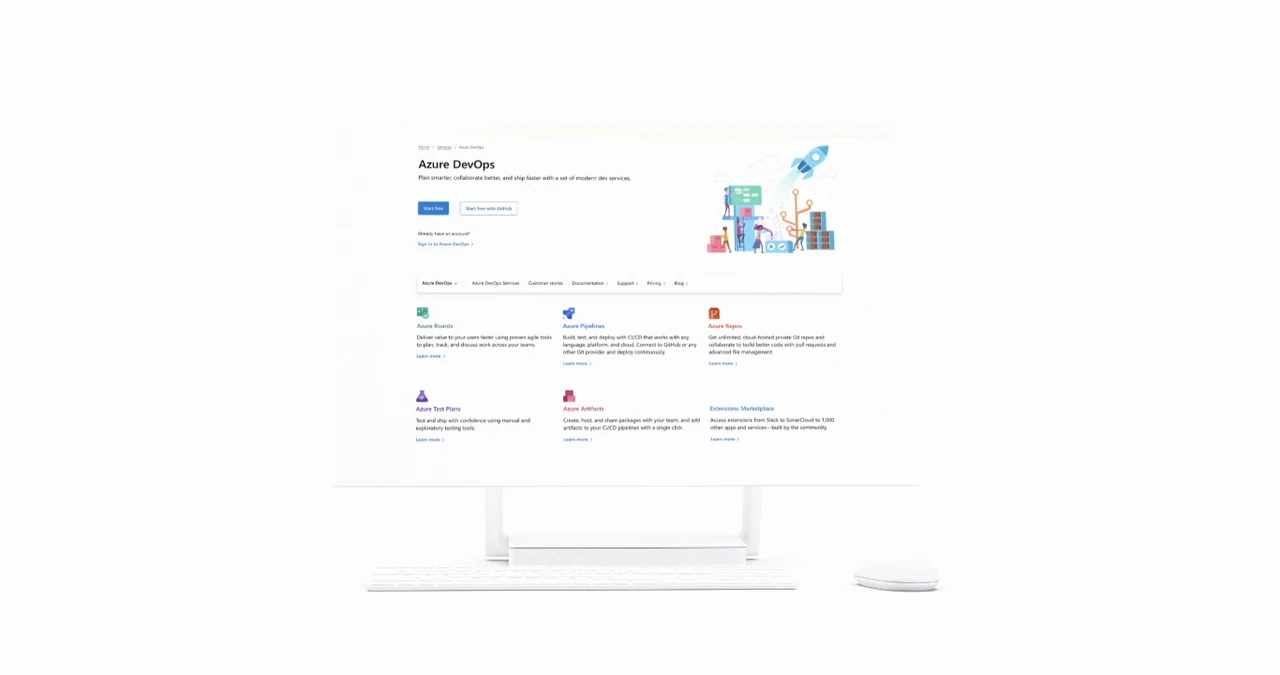 Azure DevOps landing page and product services on a desktop display