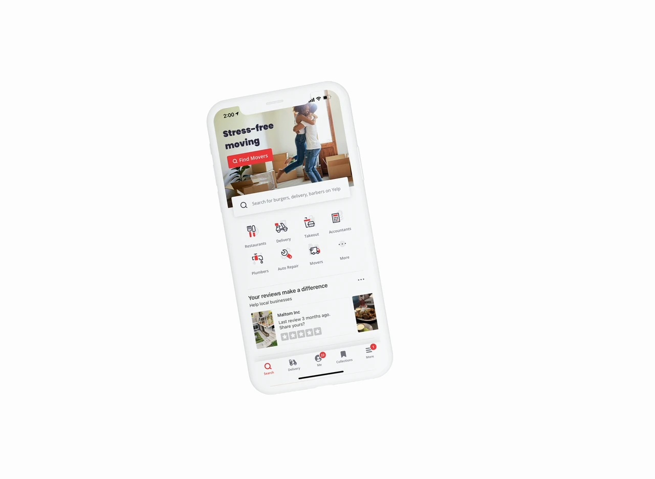 Yelp mobile home and local-business discovery interface on an iPhone